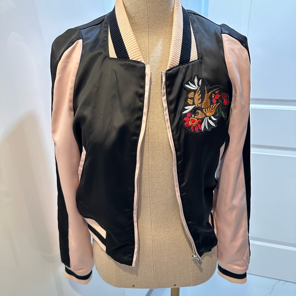 Maje Embroidered Black and Pink Women's Bomber Jacket